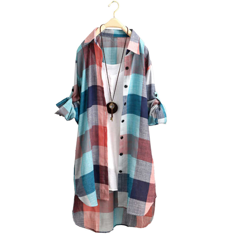 편안한 여성용 셔츠 티, 헐렁한 V넥 블라우스, 캐주얼 데일리 긴 소매 격자 무늬 셔츠 플러스 사이즈