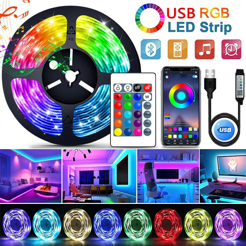 Luzes de LED USB com controle do aplicativo, RGB, 5050, fita flexível da lâmpada, fita do diodo, decoração do quarto, retroiluminação da tevê, 1-30m