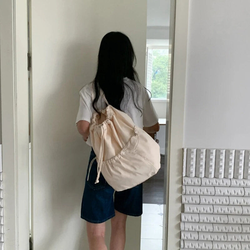 Однотонный плиссированный рюкзак на шнурке большой вместимости, повседневный рюкзак, литературный холщовый складной рюкзак, Корейская сумка через плечо, сумка