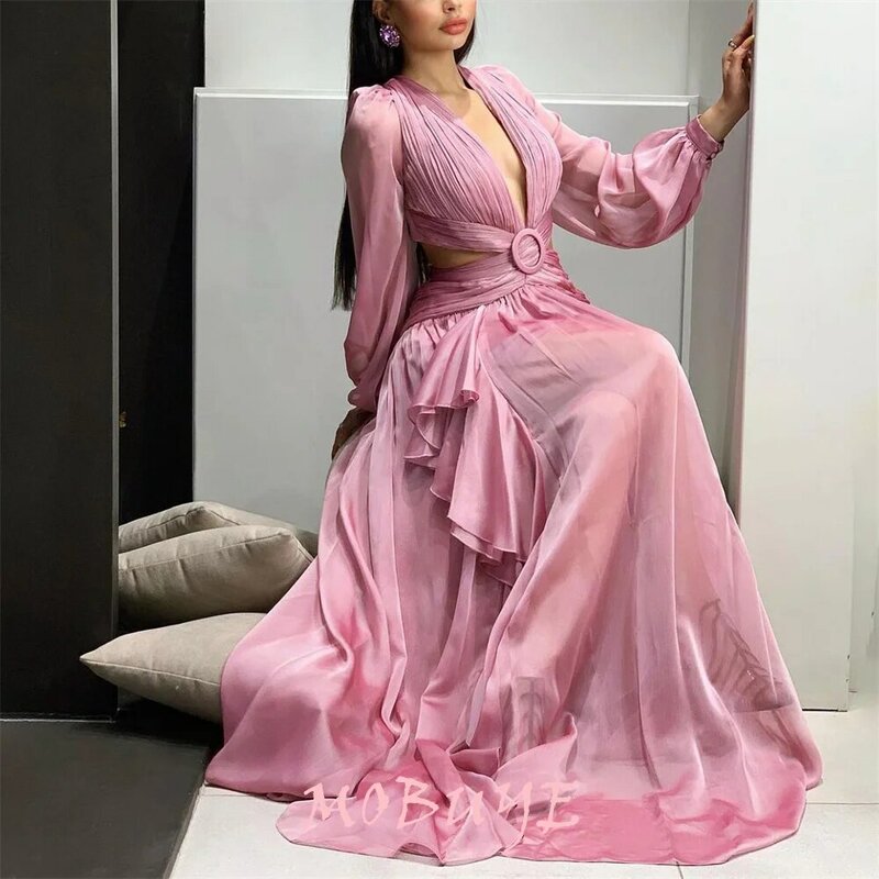 Mobuye 2024 beliebte V-Ausschnitt Ballkleid boden lang mit langen Ärmeln Abend mode elegantes Party kleid für Frauen