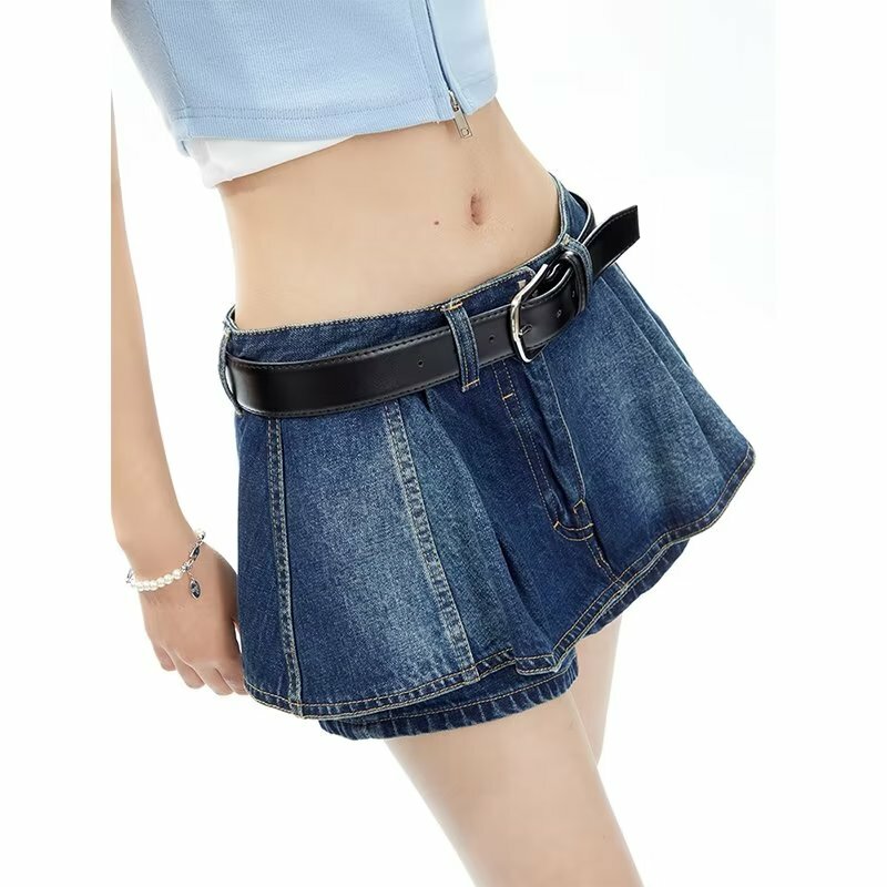 Шорты-трапеция женские в стиле ретро, модная летняя шикарная однотонная джинсовая одежда для колледжа с завышенной талией, базовая Готическая уличная мини-юбка