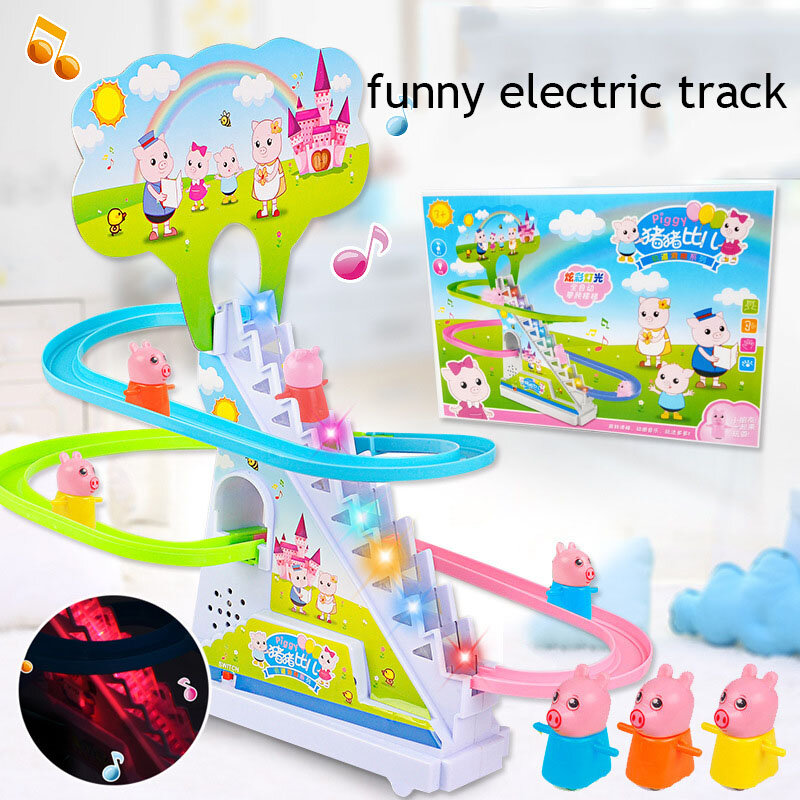 Elektrische Duck Track Rail Race Glijbaan Piggy Klimtrappen Baby Speelgoed Led Lights Muzikale Glijbaan Achtbaan Speelgoed Voor Cadeau