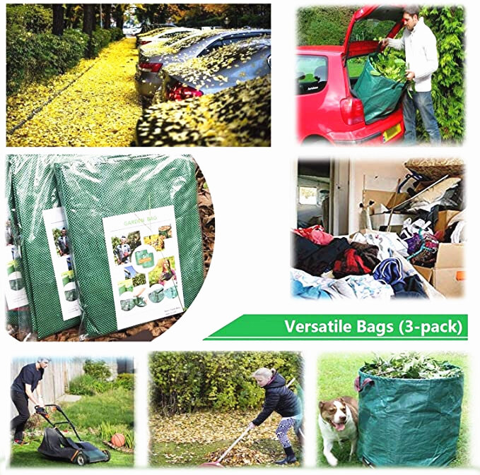 전문 3 팩 63 갤런 잔디 정원 가방, 재사용 가능한 마당 쓰레기 가방, 원예 잎 수집기 포함