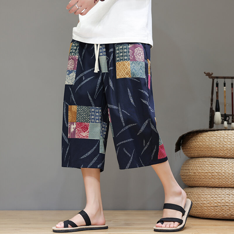 Summer Haren Pants For Men Cotton Harajuku Jogging Pants Male Vintage Elastic Waist Men Calf-Length Pants New Streetwear