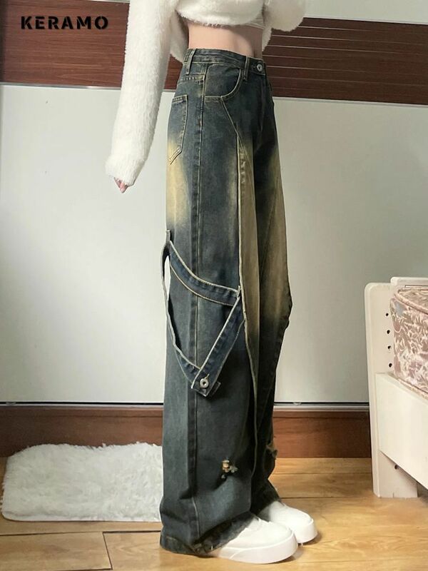 Jeans Harajuku estilo casual feminino, cintura alta, calça solta rasgada, perna larga Y2K, calça jeans folgada punk, estilo vintage, verão, 2022