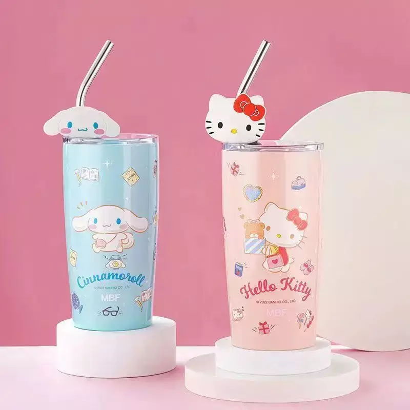Sanrio Hello Kitty Taça de água isolada, desenhos animados bonitos, Cinnamoroll, alta capacidade, aço inoxidável, canudos, presentes de férias, 600ml