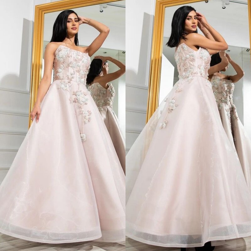 Prom Dress Evening   Satin Applique Engagement A-line Strapless Bespoke Occasion Gown Midi es Saudi Arabia