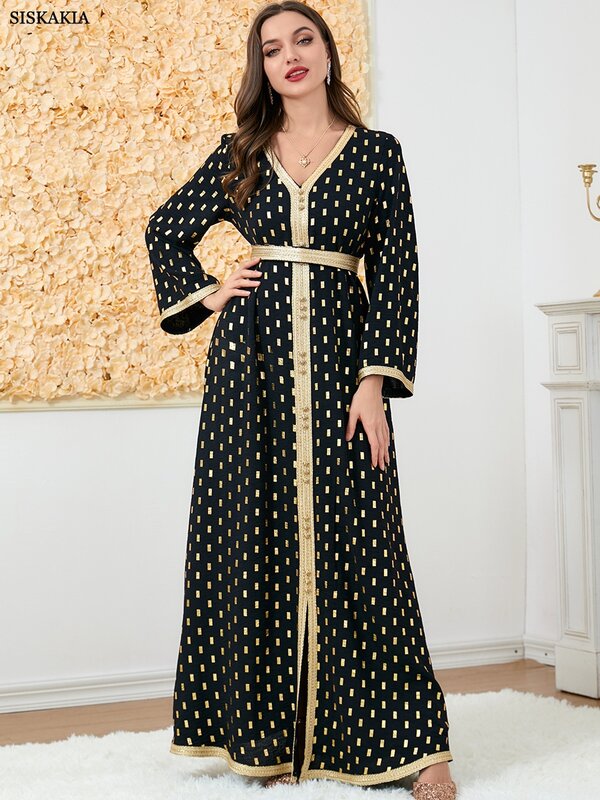 여성용 드레스 2022 테이프 트림 v-넥 버튼 긴 소매 맥시 드레스, 터키 두바이 아랍어 오만 모로코 Caftan 이슬람 의류