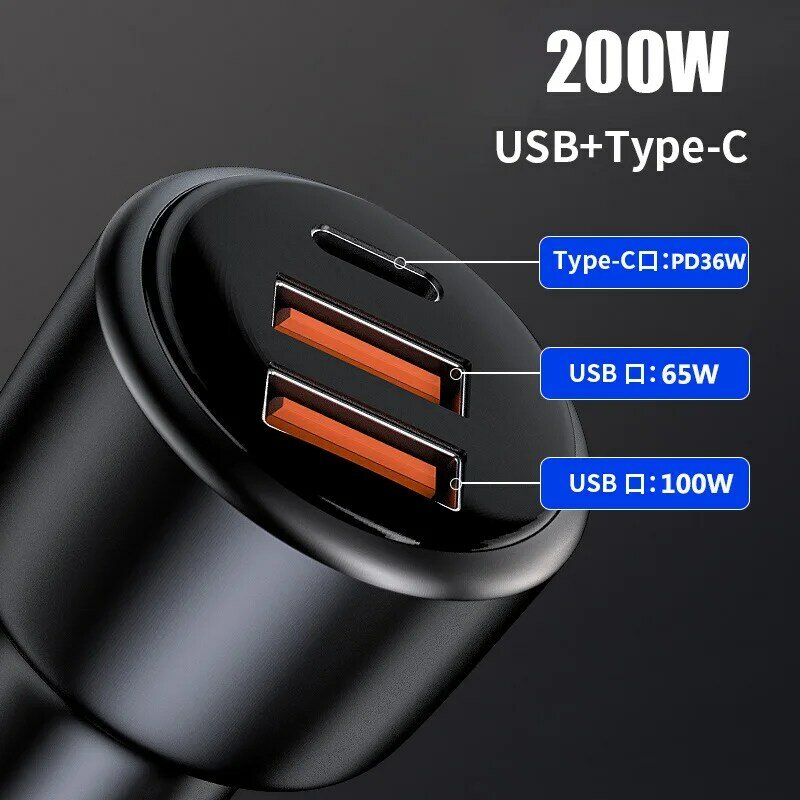 Cargador de coche ultrarrápido, adaptador USB de teléfono móvil, 200W, 66W, QC3.0, 100W