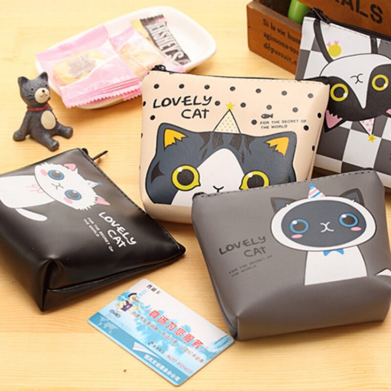Nowy portfel kreskówkowy z uroczy nadruk kota prostym suwakiem z Pu skórzanym Mini torba do przechowywania dla dziewczynki