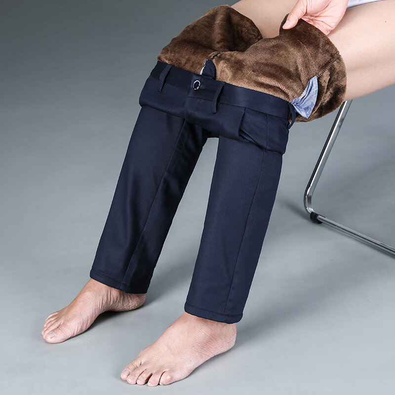 Zimowe nowe flanelowe grube codzienne męskie spodnie polarowe granatowe czarne biznesowe proste wąskie, ciepłe pluszowe spodnie męskie