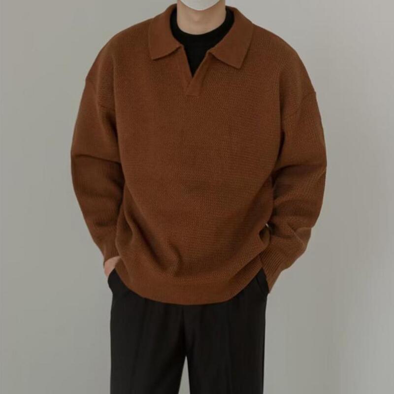 Легкий мужской свитер, мужской свитер с воротником с лацканами, мужской вязаный свитер свободного кроя с лацканами, пуловер с длинным рукавом для осени/зимы