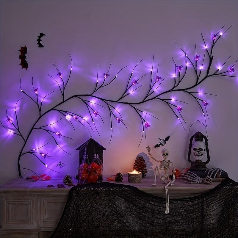 HLZS lampu tali anggur Halloween, lampu warna hitam ungu dengan pohon dekorasi laba-laba untuk dekorasi Halloween dalam dan luar ruangan