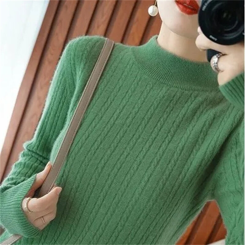 Sweater rajut wanita, baju Sweater kasmir ramping lembut leher tinggi, kaus polos musim dingin