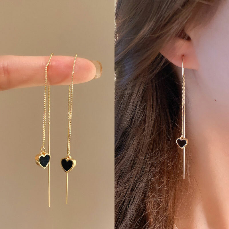 Schwarze Herz Ohr linie lange hängende Ohrringe für Frauen Gold Farbe Ohr Draht Piercing Ohrring Zubehör Schmuck Großhandel