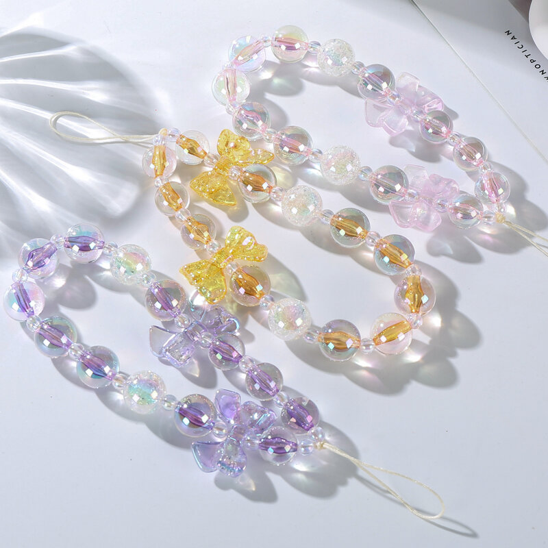 Sweet Crystal Anti-Drop Cellphone Chain Bow Round Beaded Mobile Phone Hanging Cord For Women Girl Phone Case Chain Strap Jewelry