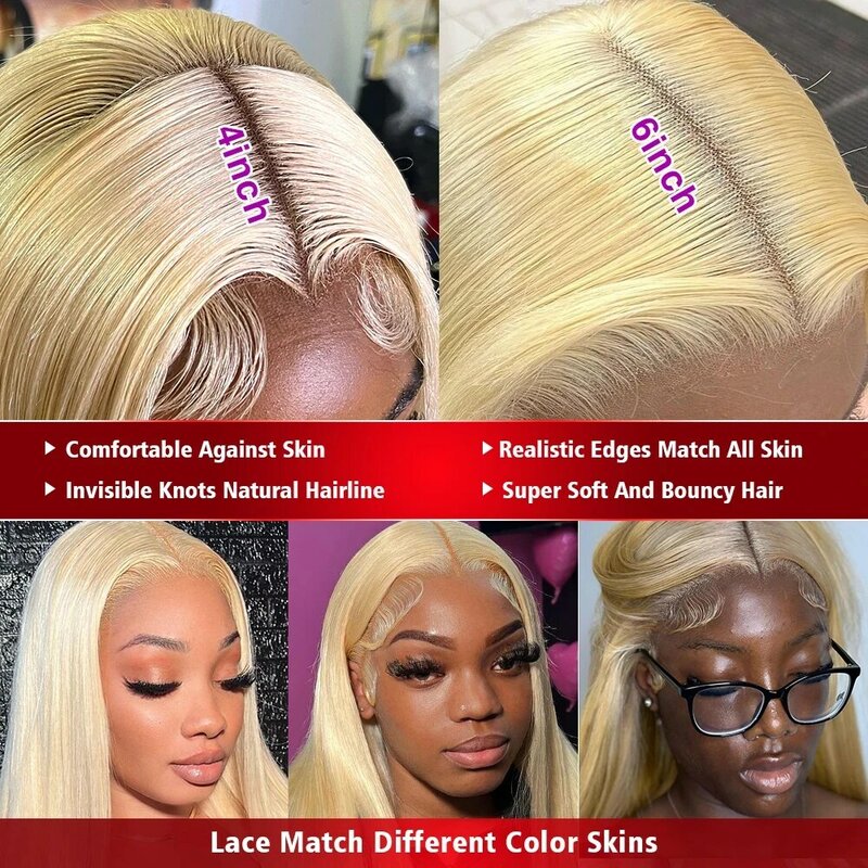 Perruque Lace Front Wig sans colle brésilienne Remy, cheveux naturels, Body Wave, 13x4, 13x6, pre-plucked, blond 613, 30 34 pouces