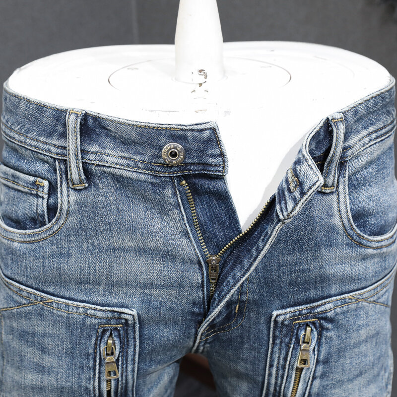 Główna ulica modne dżinsy męskie Retro sprany niebieski elastyczny Slim Fit z jeansy dla motocyklistów i zamkiem błyskawicznym spodnie w stylu Hip Hop Hombre
