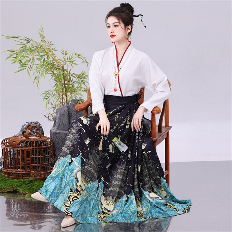 Традиционная китайская юбка Hanfu с изображением лошади, жилет mamianqun с вышивкой, топ, юбка с изображением лошади, комплект из двух предметов