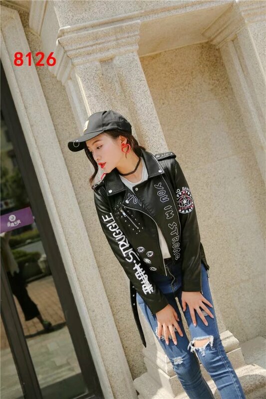 Jaqueta feminina de couro de motocicleta rebitada com letras volalo, moda curta, casacos hip-hop, outwear feminino, novo, primavera, outono, 2022