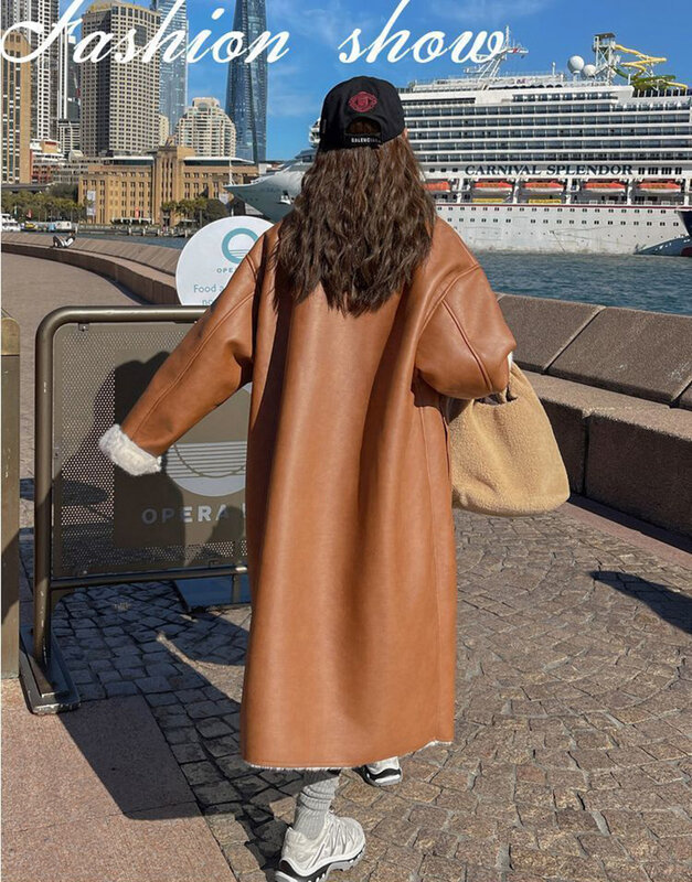 Женское пальто из искусственной кожи, однобортное длинное пальто из овечьей шерсти, Рождественская Новинка 2024