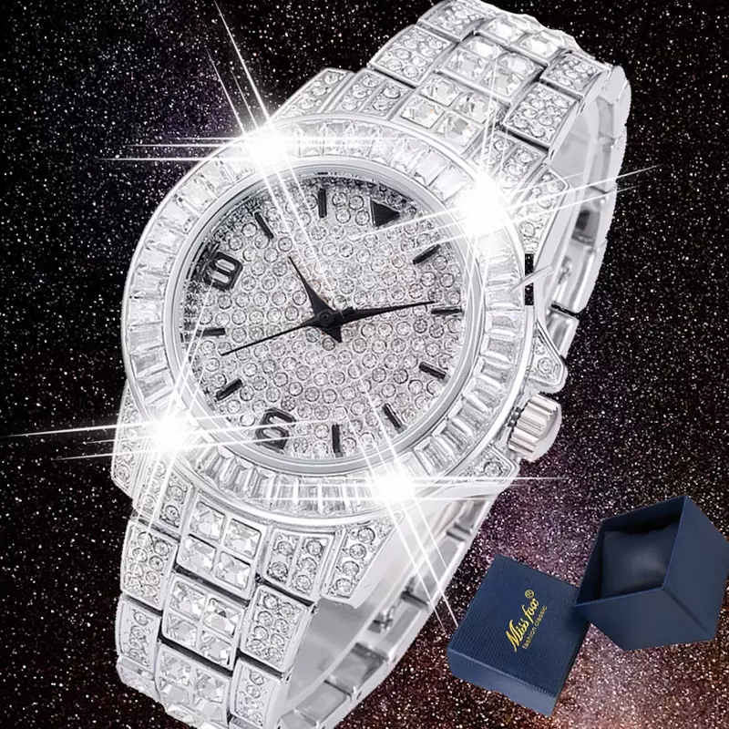 Iced Out นาฬิกาผู้ชาย Hip Hop Luxury Bling Diamond Mens นาฬิกาควอตซ์ชายกันน้ำ HIP HOP ชายนาฬิกา PAVE CZ เงิน Reloj