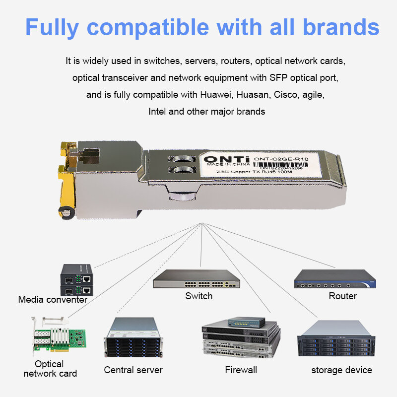 ONTi 2.5G RJ45โมดูล SFP 2.5Gbps SFP ทองแดง RJ45โมดูล SFP Transceiver สำหรับ Cisco/Mikrotik Ethernet สวิทช์