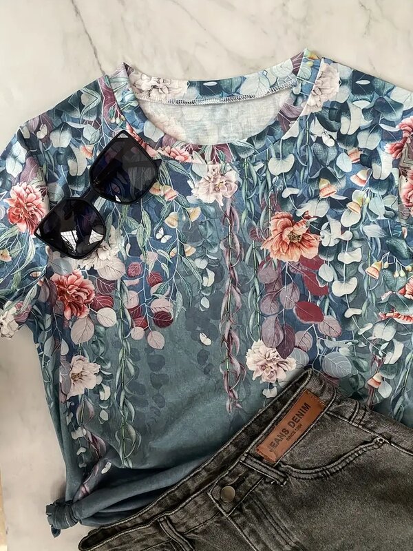 女性用半袖ラウンドネックTシャツ,カジュアルでルーズ,レトロなプリント,原宿服,春と夏