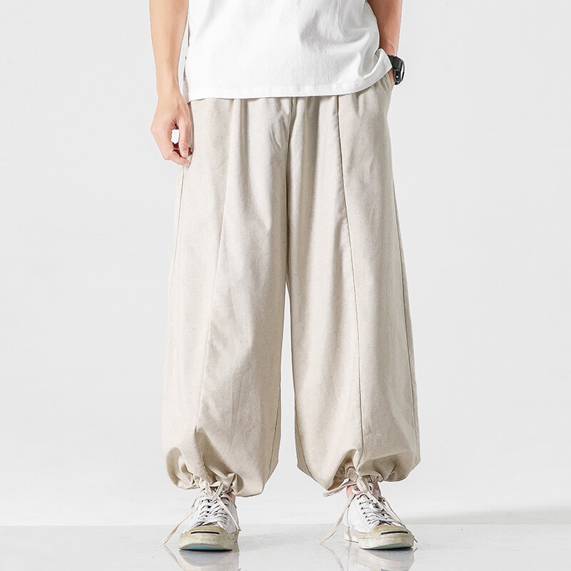 Streetwear celana Harem pria, bawahan Jogging longgar kualitas tinggi, celana panjang katun Linen baru