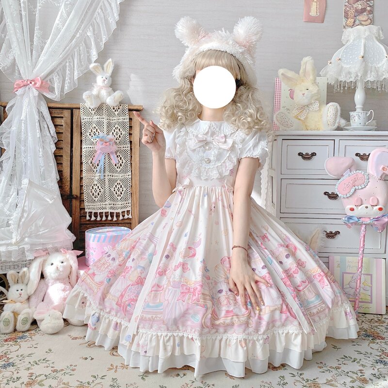 S-4XL JSK 로리타 드레스, 귀여운 귀여운 민소매 프린트 JSK 멜빵, 소녀 아기 인형 드레스 의류, 일본 부드러운 소녀