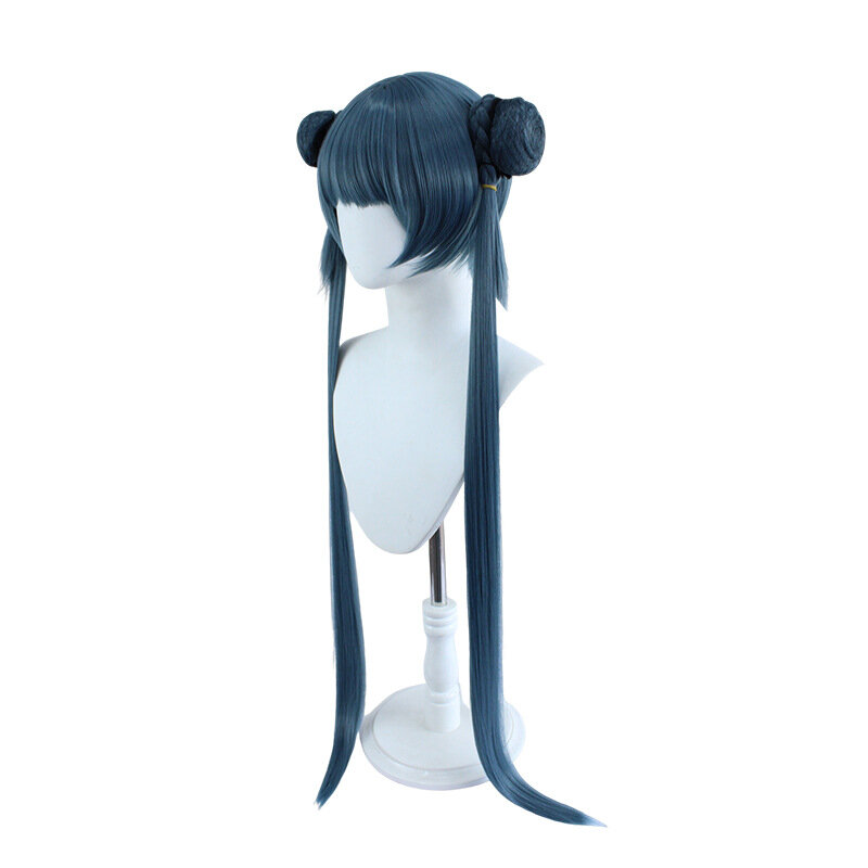 일본 애니메이션 코스프레 페리위그 더블 포니테일 가발, 회색 파란색 가발, 할로윈 코스튬 모자 소품, 성능 시뮬레이션 헤어