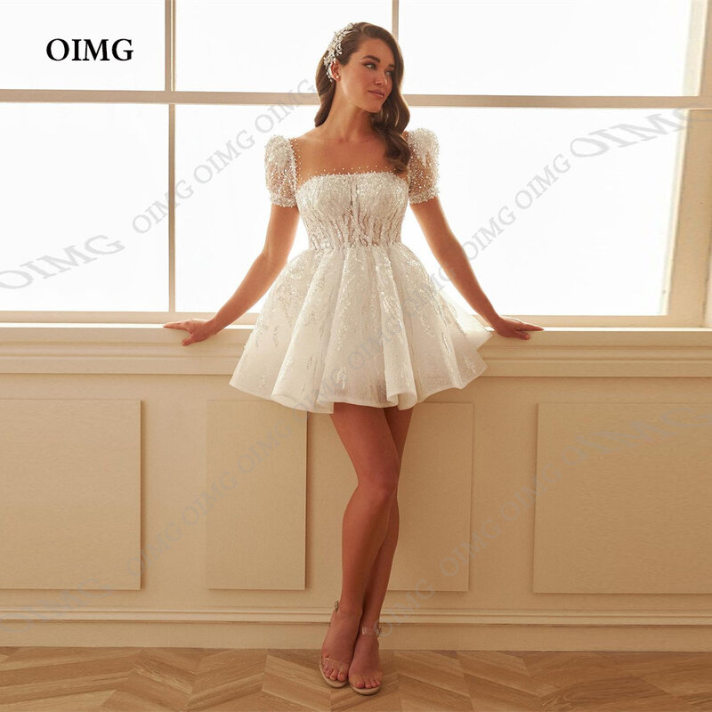 OIMG-Vestido de casamento curto Puff Sleeves, Mini vestido sexy, vestido nupcial, pérolas de lantejoulas, vestido personalizado, querida