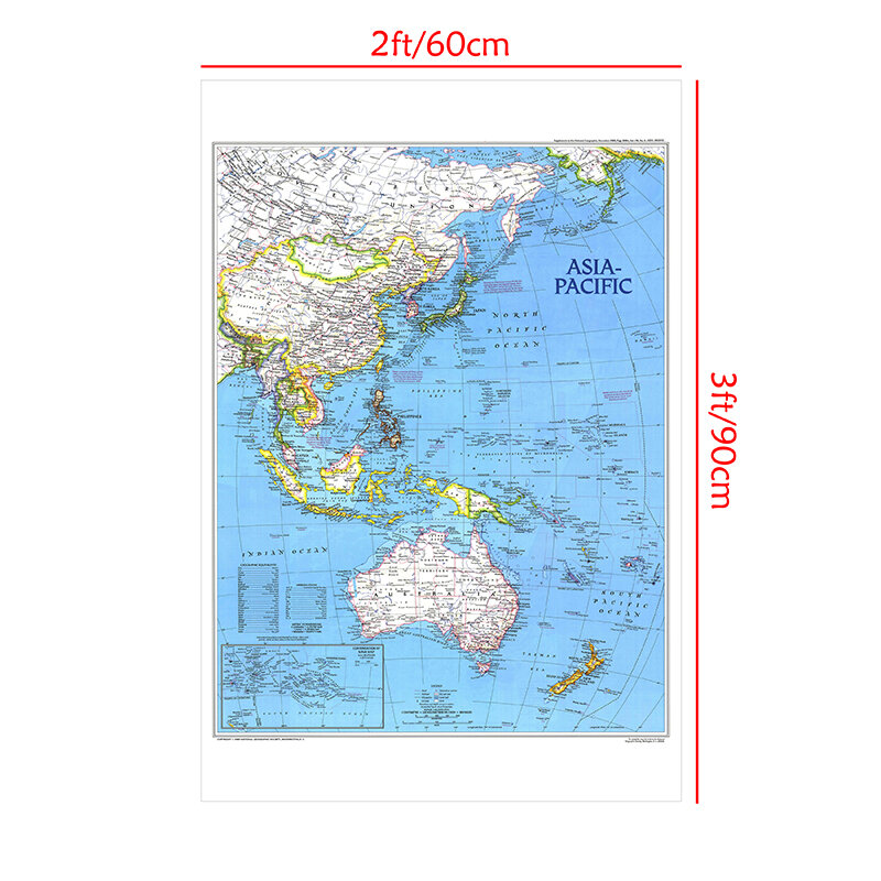 24x36 inches Fine Canvas Hanging Wall Art Painting  Printed Map of Asia Pacific For Home Office Decor