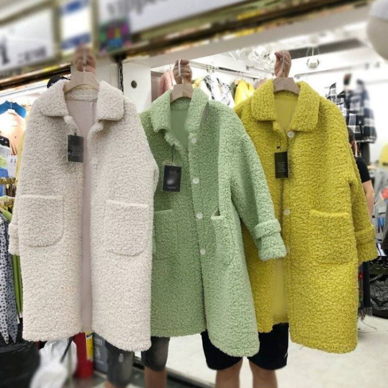 Jaket bulu domba imitasi untuk wanita, mantel musim dingin imitasi warna polos sederhana, jaket bulu domba imitasi warna kuning, jaket musim gugur kasual untuk wanita