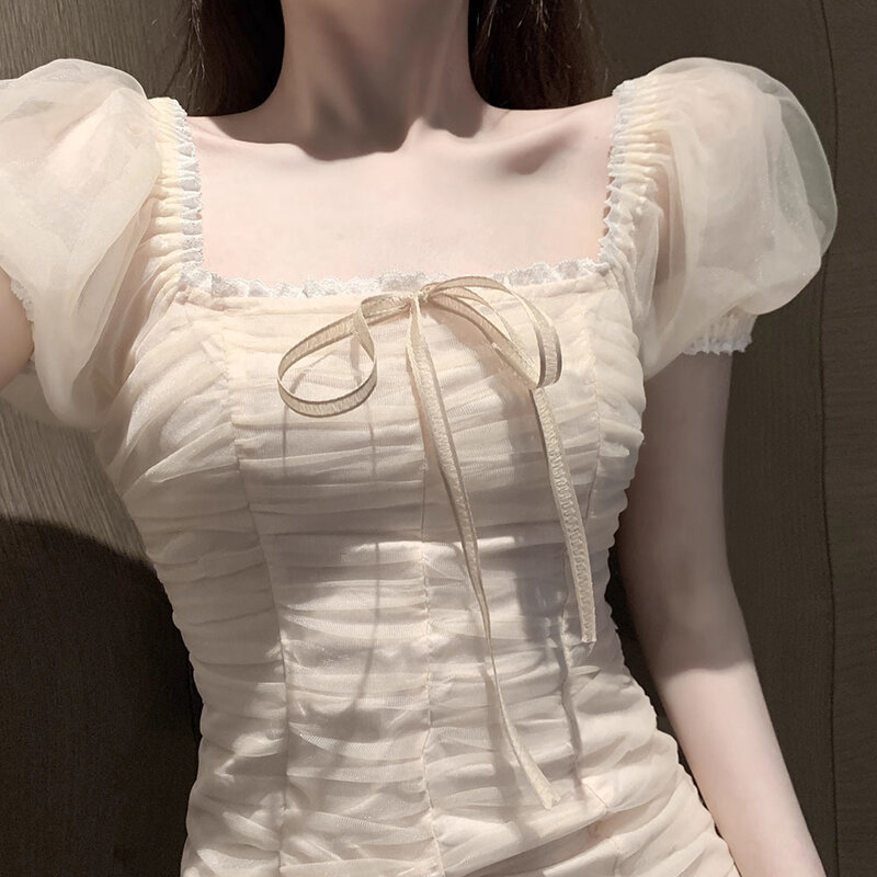 Винтажное платье с рукавами-фонариками, новинка 2023, женское плиссированное платье во французском стиле с поясом на завязках, женские летние милые облегающие короткие платья