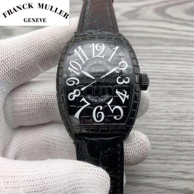 Frck Muller นาฬิกาสำหรับนาฬิกาออโตเมติกผู้ชายทำจากเหล็กแม่นยำพร้อมกล่องลายสก๊อตสามมิติสายหนังเรืองแสง