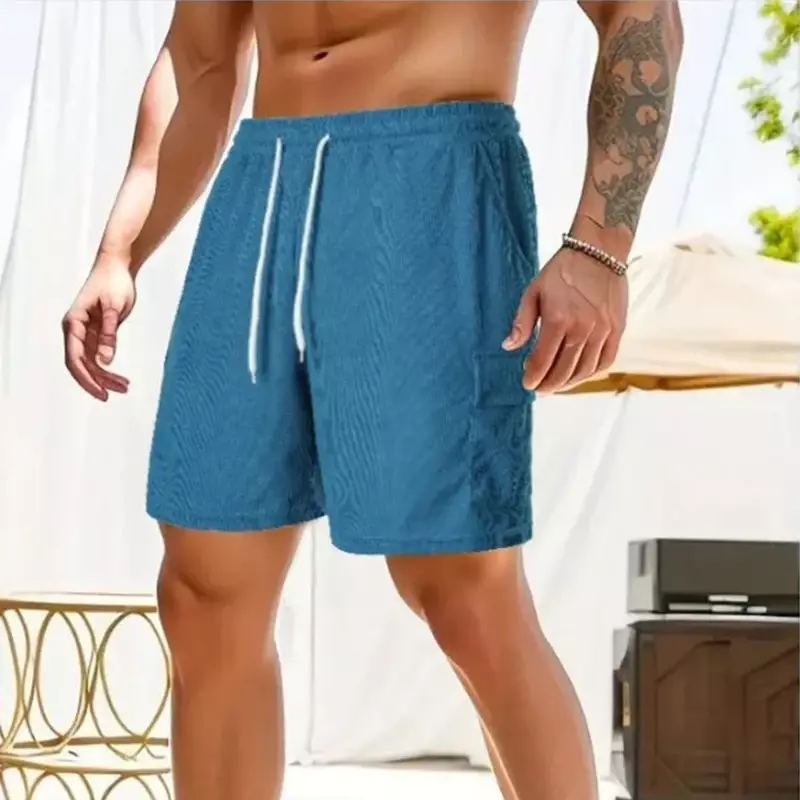 Мужские летние однотонные спортивные шорты на шнуровке, вельветовые минималистичные мужские шорты с несколькими карманами, повседневные брюки