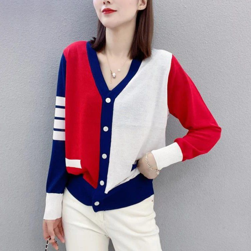 2023 New Women's Clothing Long Sleeve V-Neck Spring Autumn Vintage Casual All-match Commuter Contrast Color Button Knitted Coat