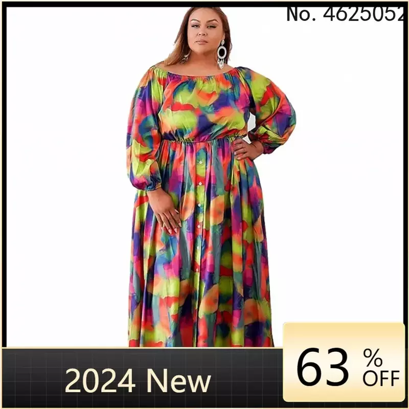 여성용 XL-5XL 겨울 플러스 사이즈 드레스, 2024 의류, 루즈 긴팔 인쇄 캐주얼 풀 원피스, 도매 직송