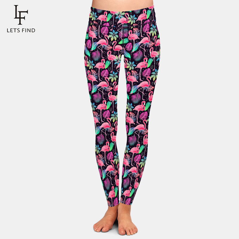 LETSFIND คุณภาพสูง3D Flamingos และใบผ้าไหมพิมพ์ดิจิตอลฟิตเนส Leggins ผู้หญิงสูงเอวยืดกางเกงขายาว