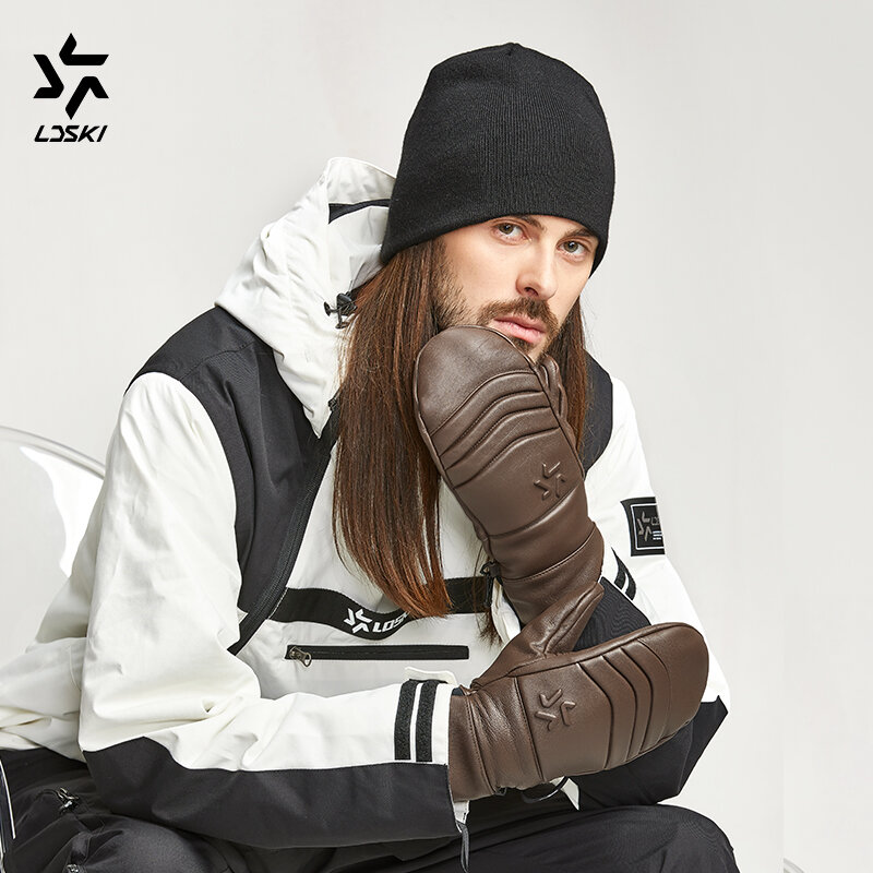 LDSKI guantes de esquí de cuero de cabra, manopla térmica impermeable de 3M, gruesa, cálida, para nieve, deportes al aire libre, accesorios de Snowboard