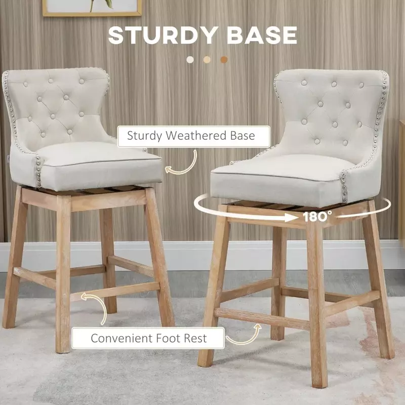 Zestaw 2 stołków barowych, stołki barowe z tapicerowanej tkaniny, 180° Obrotowe krzesła z gwoździami, gumowe nogi z drewna, krzesło barowe