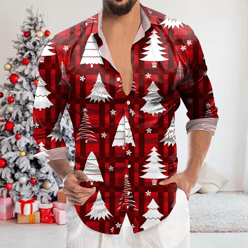 Camisas masculinas de botão estampado de Natal, vestido formal, manga longa, ajuste casual, decote com colarinho, tecido de poliéster macio