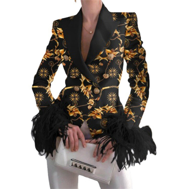 Elegant Women Feather Blazer 2023 New Turn-down Collar Top Casual Long Sleeve Lady Fashion Double-Breasted Jacket Office Outwear