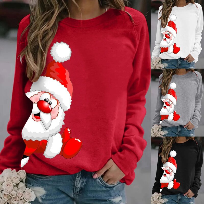 Sweter Wanita lengan panjang bertudung bercetak Santa Claus, kaus kasual Pullover Natal, sweter longgar jalan ukuran besar