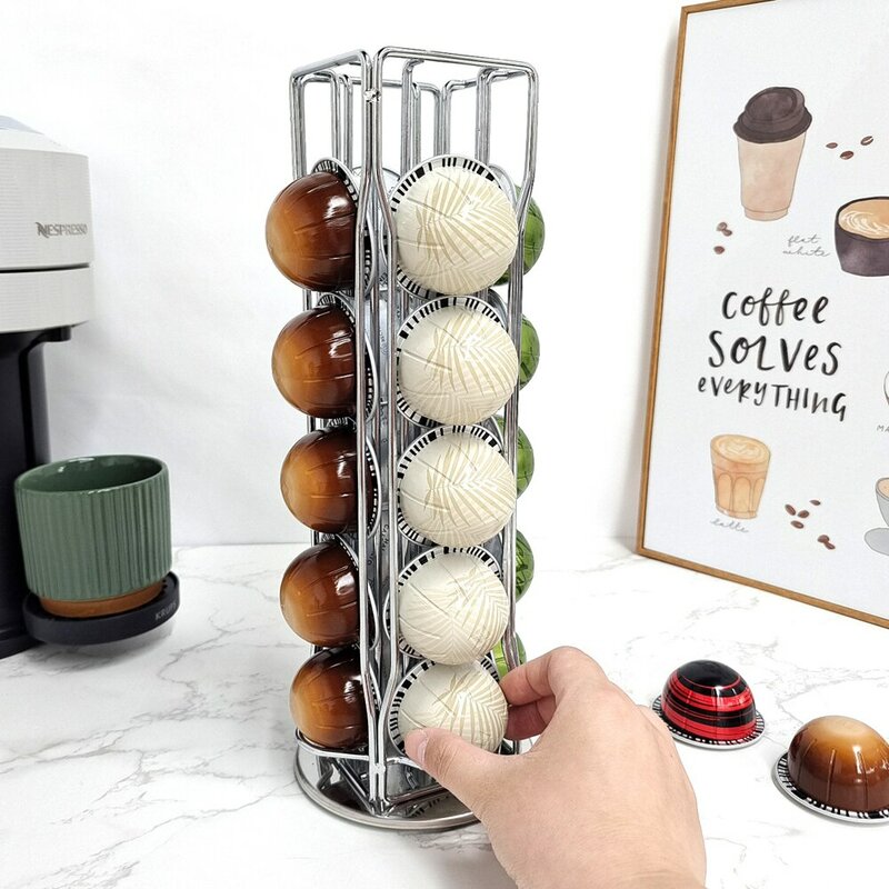 Coffee Pod Holder Rotatable Vertuo Line Coffee Capsule Pods Holder Display Stand Metal 20 Cups Storage Organizer Shelves Rack