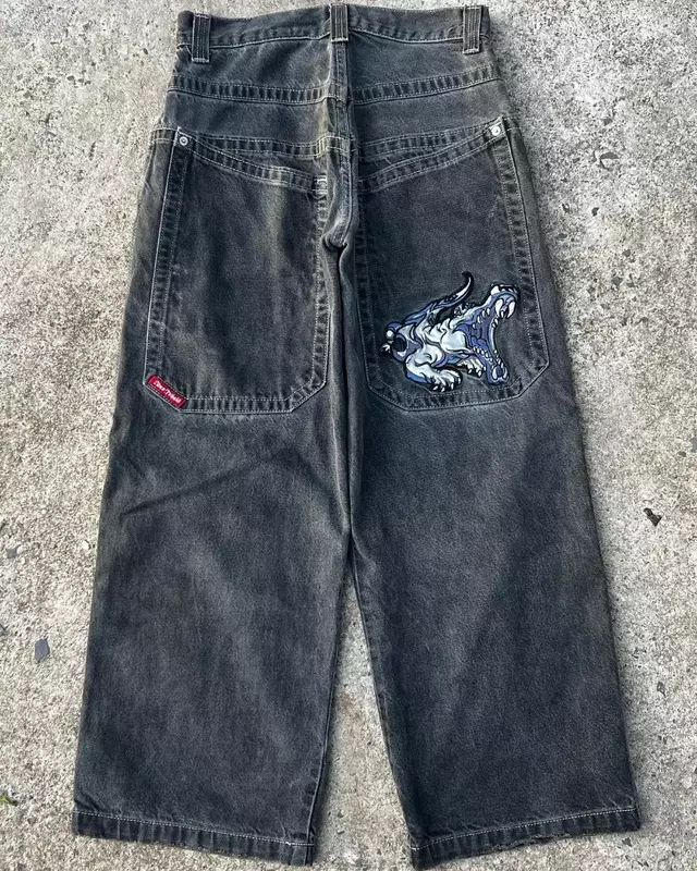 Jnco jeans y2k streetwear hip hop cartoon muster druck retro lose jeans schwarze hose männer frauen hoch taillierte hose mit weitem bein