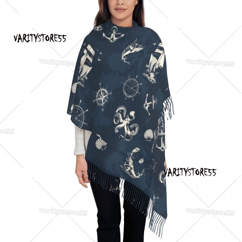 Bufanda con símbolo náutico Vintage para mujer, chal largo de invierno y otoño, cálido con borla, ancla de marinero, brújula, Unisex