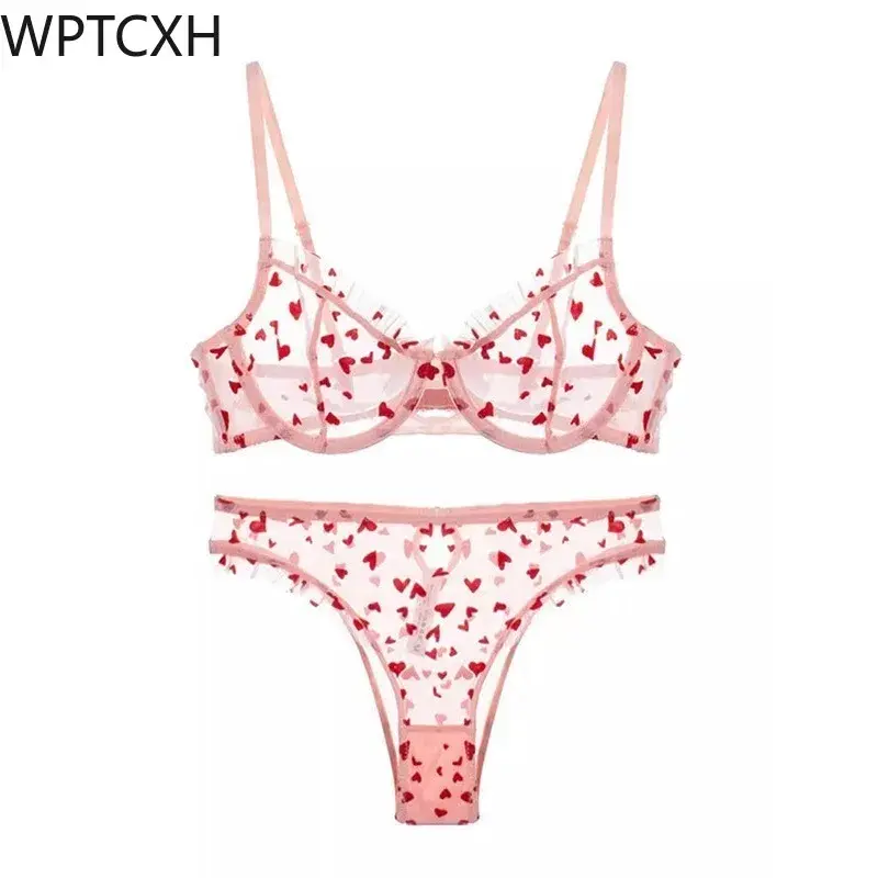 Sexy Lace Underwear Ultra-thin See-through Heart Shaped Printed Lingerie Set for Women Big Breasts Show Small Bras Summer