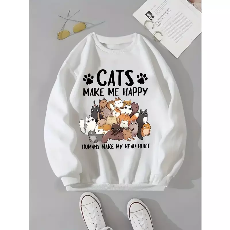 Cute Cat and Alphabet Print Sweatshirt Casual Long-sleeved Crewneck Sweatshirt Unisex Fun Animal Print Fall Clothing
